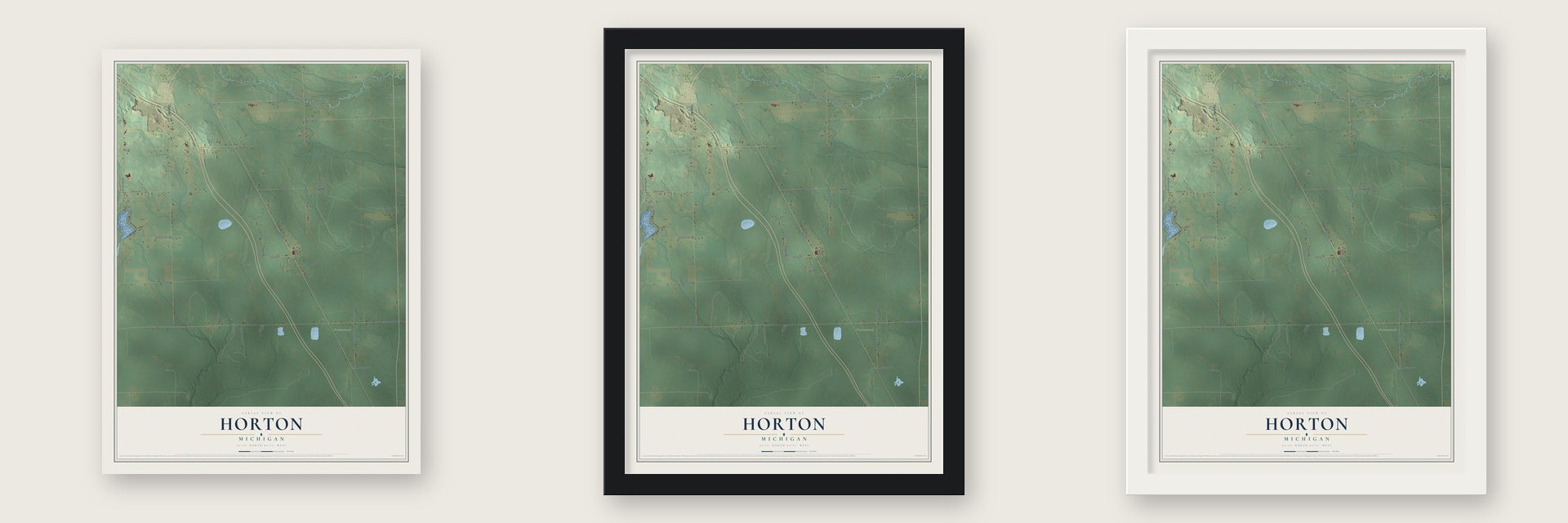 Horton, Michigan map unframed, in a black wood frame and in a white wood frame