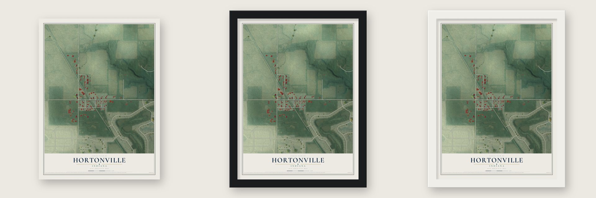 Hortonville, Indiana map unframed, in a black wood frame and in a white wood frame