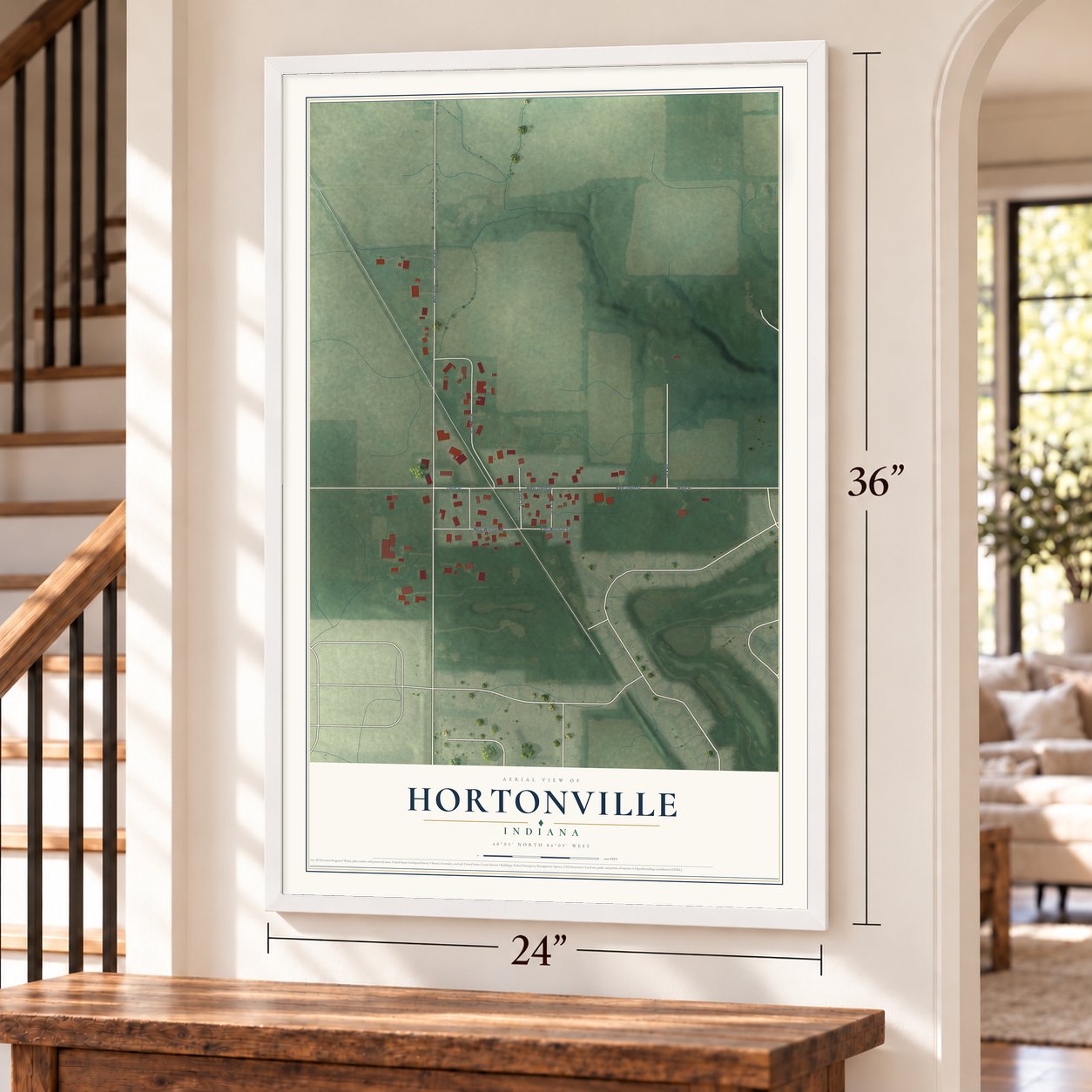 Hortonville, Indiana map, 24 x 36 inch print in a white frame by a staircase