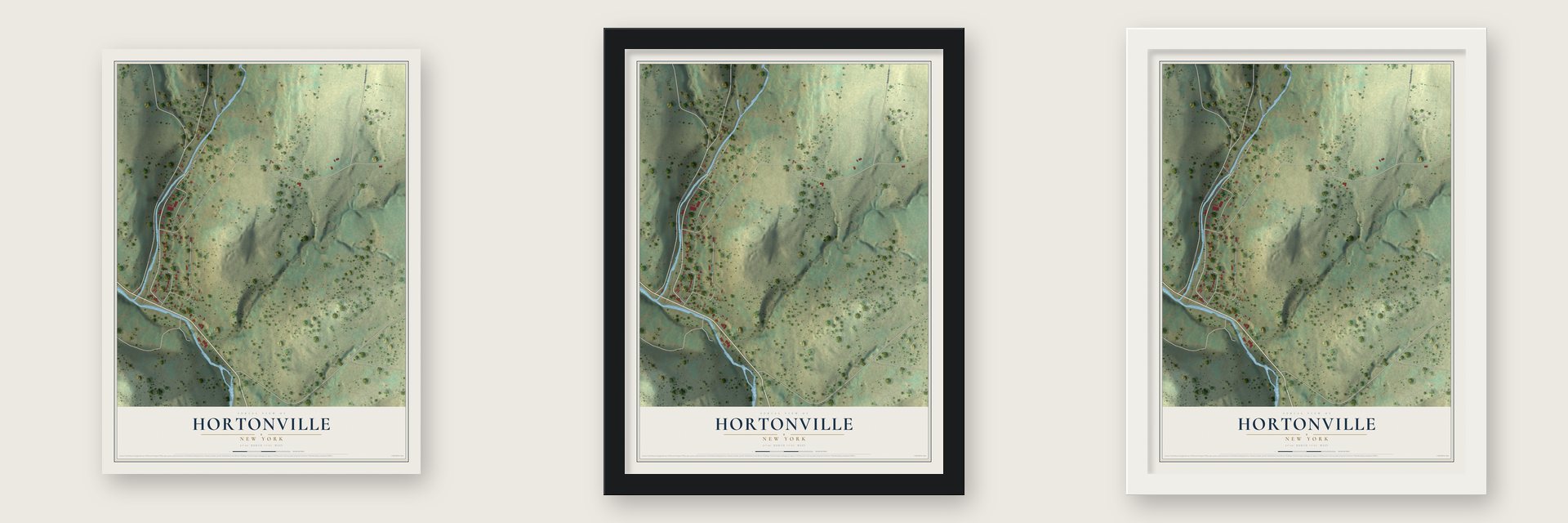 Hortonville, New York map unframed, in a black wood frame and in a white wood frame