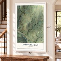 Hortonville, New York map, 24 x 36 inch print in a white frame by a staircase
