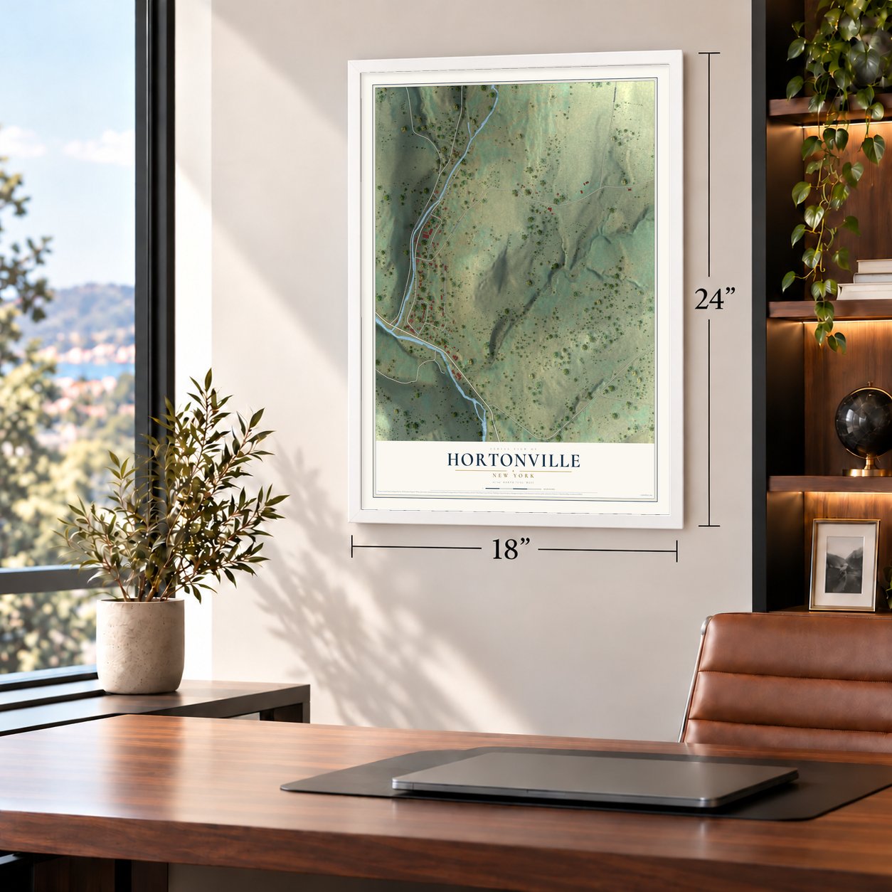 Hortonville, New York map, 18 x 24 inch print in a white frame in a home office
