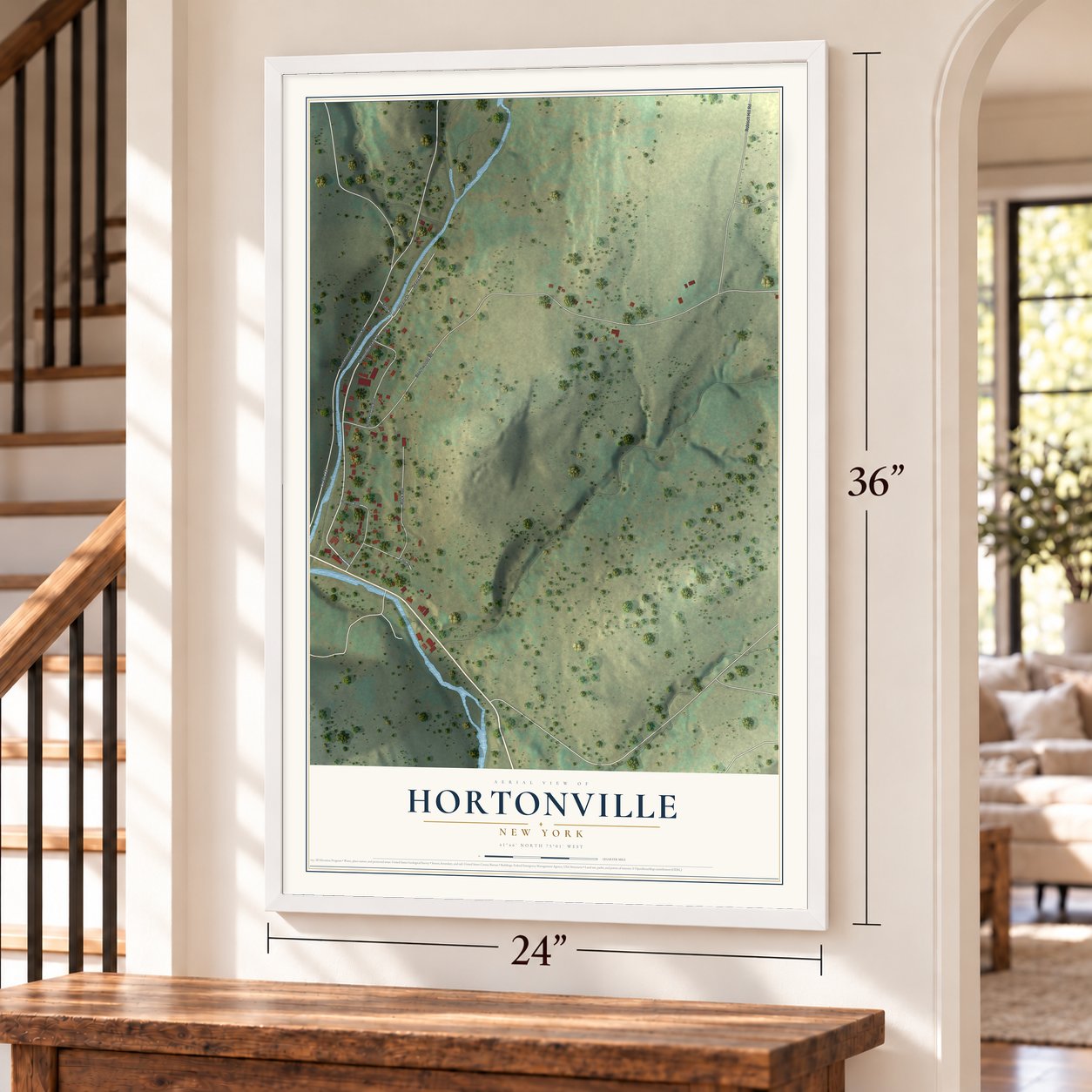 Hortonville, New York map, 24 x 36 inch print in a white frame by a staircase