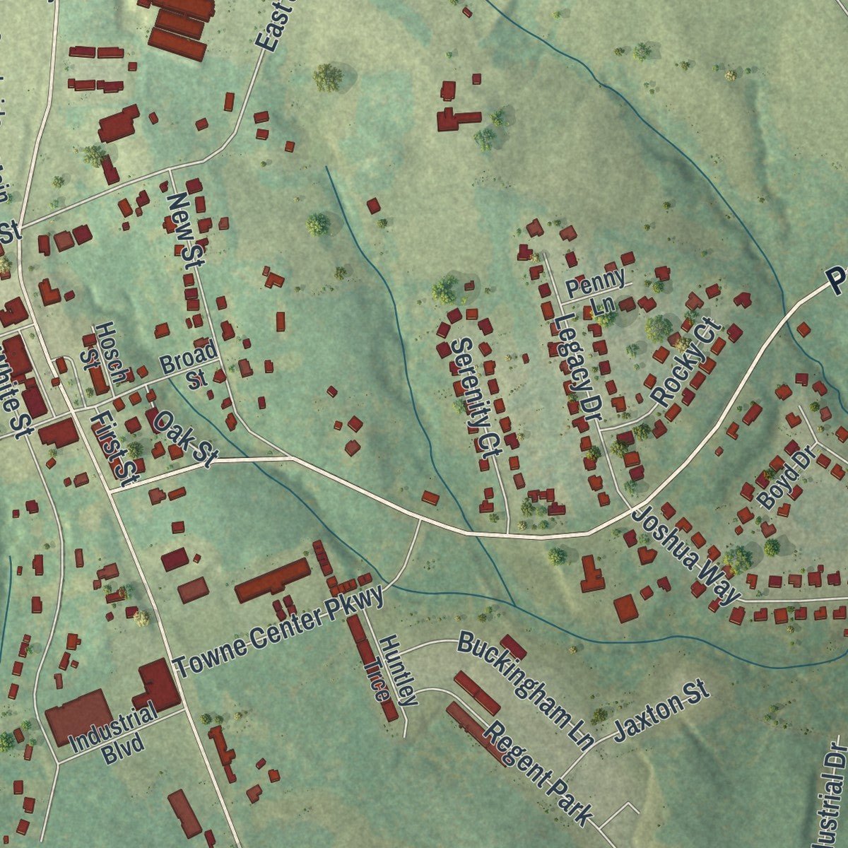 Second close-up of the map of Hoschton, Georgia print showing more streets and buildings