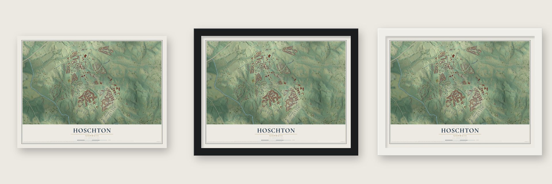 Hoschton, Georgia map unframed, in a black wood frame and in a white wood frame