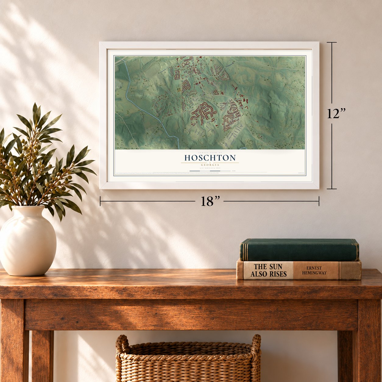 Hoschton, Georgia map, 12 x 18 inch print in a white frame in an entryway
