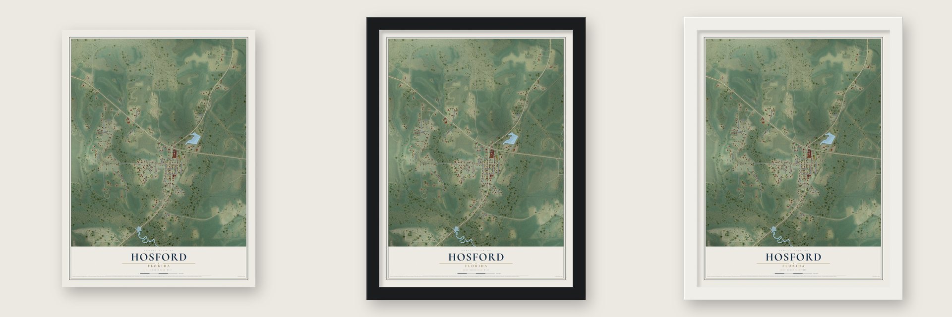 Hosford, Florida map unframed, in a black wood frame and in a white wood frame