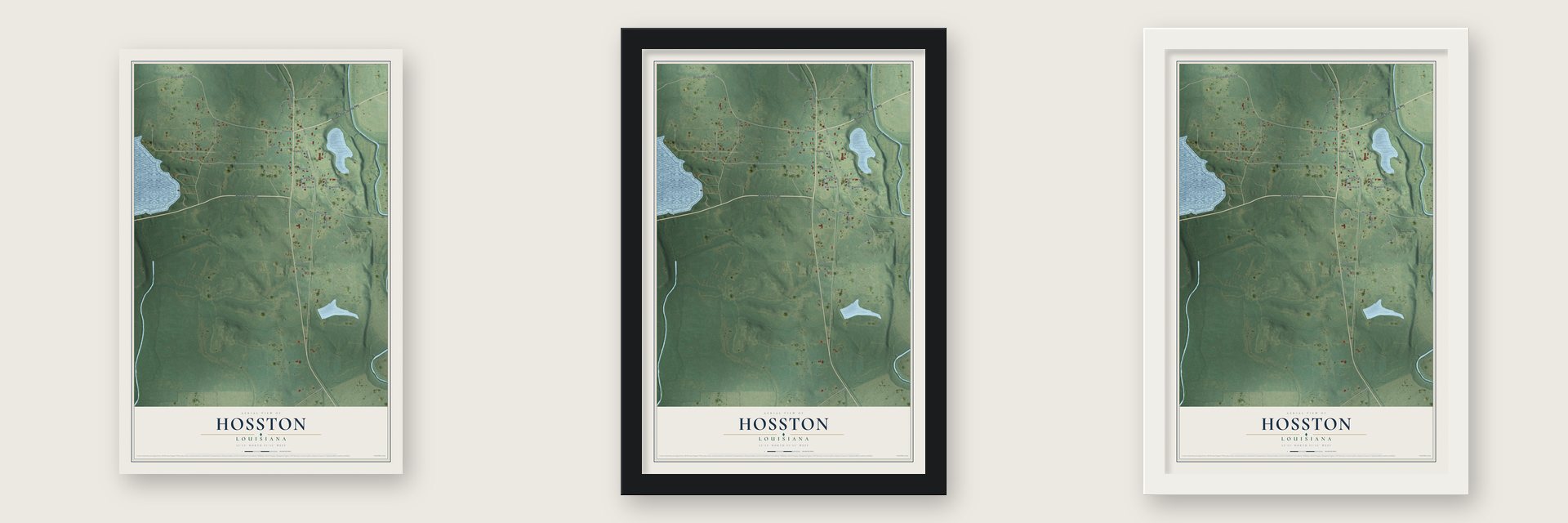 Hosston, Louisiana map unframed, in a black wood frame and in a white wood frame