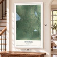 Hosston, Louisiana map, 24 x 36 inch print in a white frame by a staircase