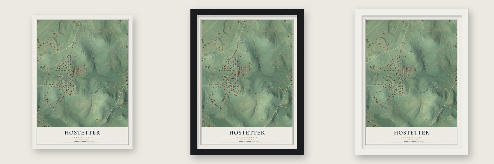 Hostetter, Pennsylvania map unframed, in a black wood frame and in a white wood frame