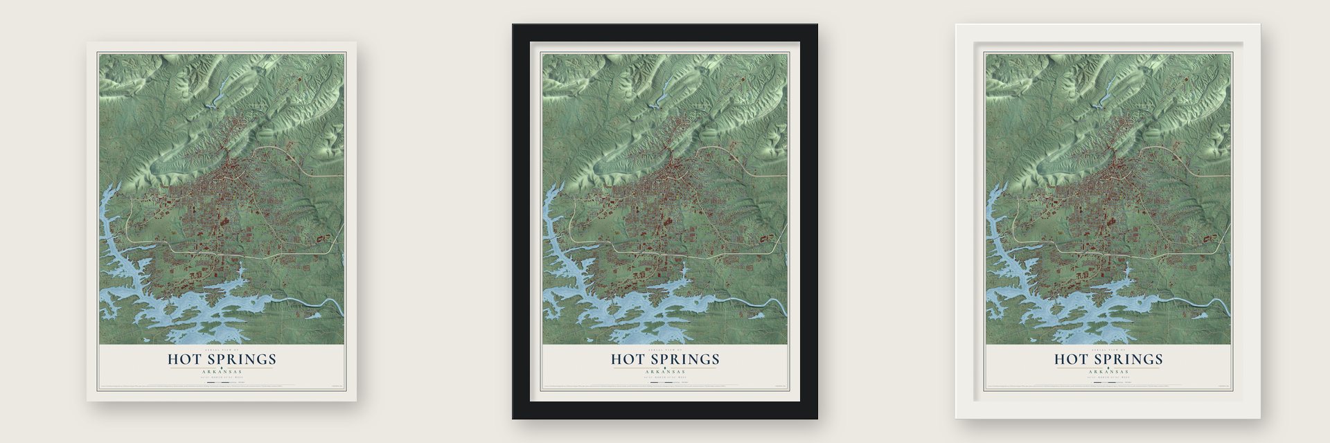 Hot Springs, Arkansas map unframed, in a black wood frame and in a white wood frame