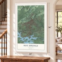 Hot Springs, Arkansas map, 24 x 36 inch print in a white frame by a staircase