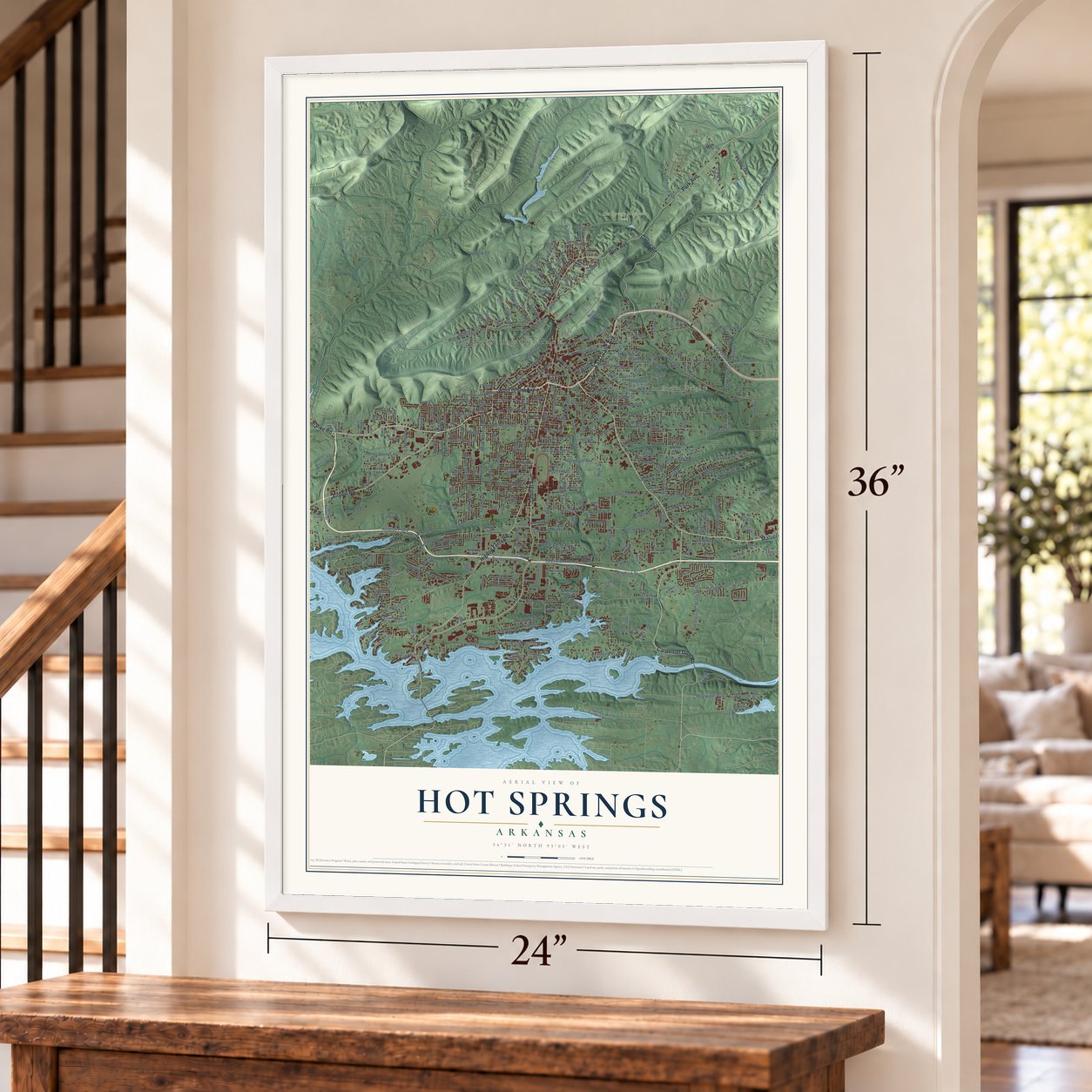 Hot Springs, Arkansas map, 24 x 36 inch print in a white frame by a staircase