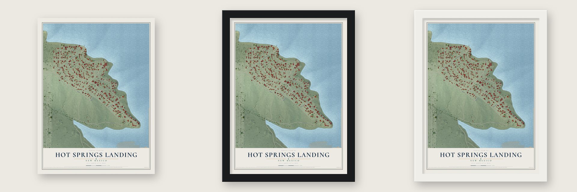 Hot Springs Landing, New Mexico map unframed, in a black wood frame and in a white wood frame
