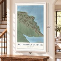 Hot Springs Landing, New Mexico map, 24 x 36 inch print in a white frame by a staircase