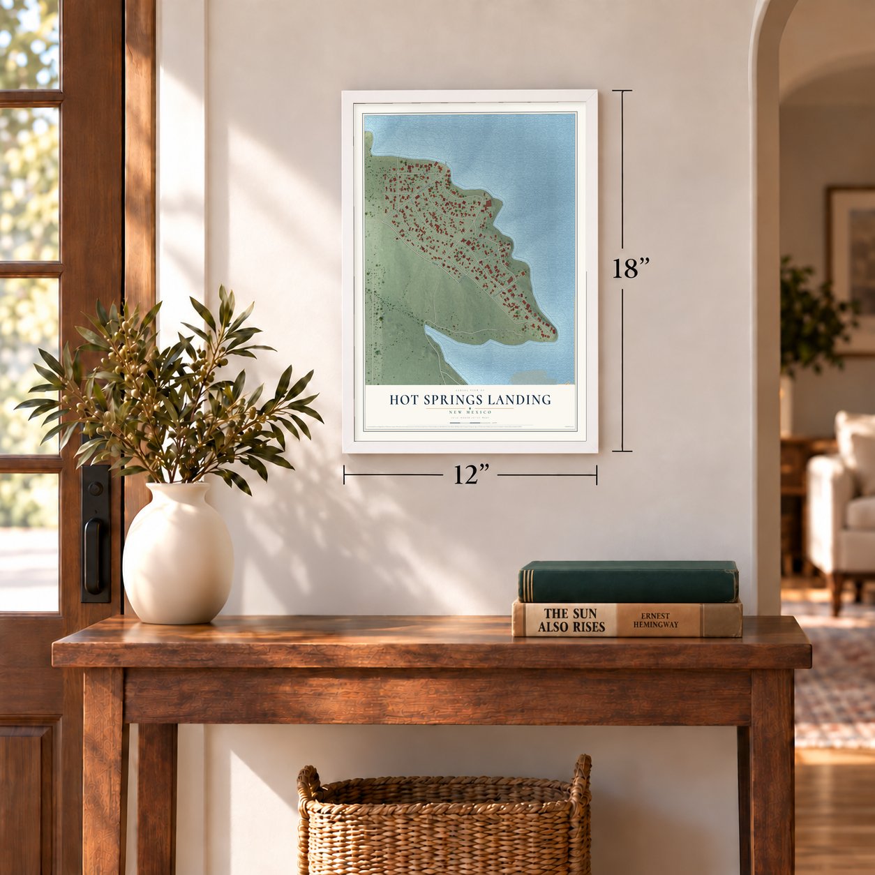 Hot Springs Landing, New Mexico map, 12 x 18 inch print in a white frame in an entryway