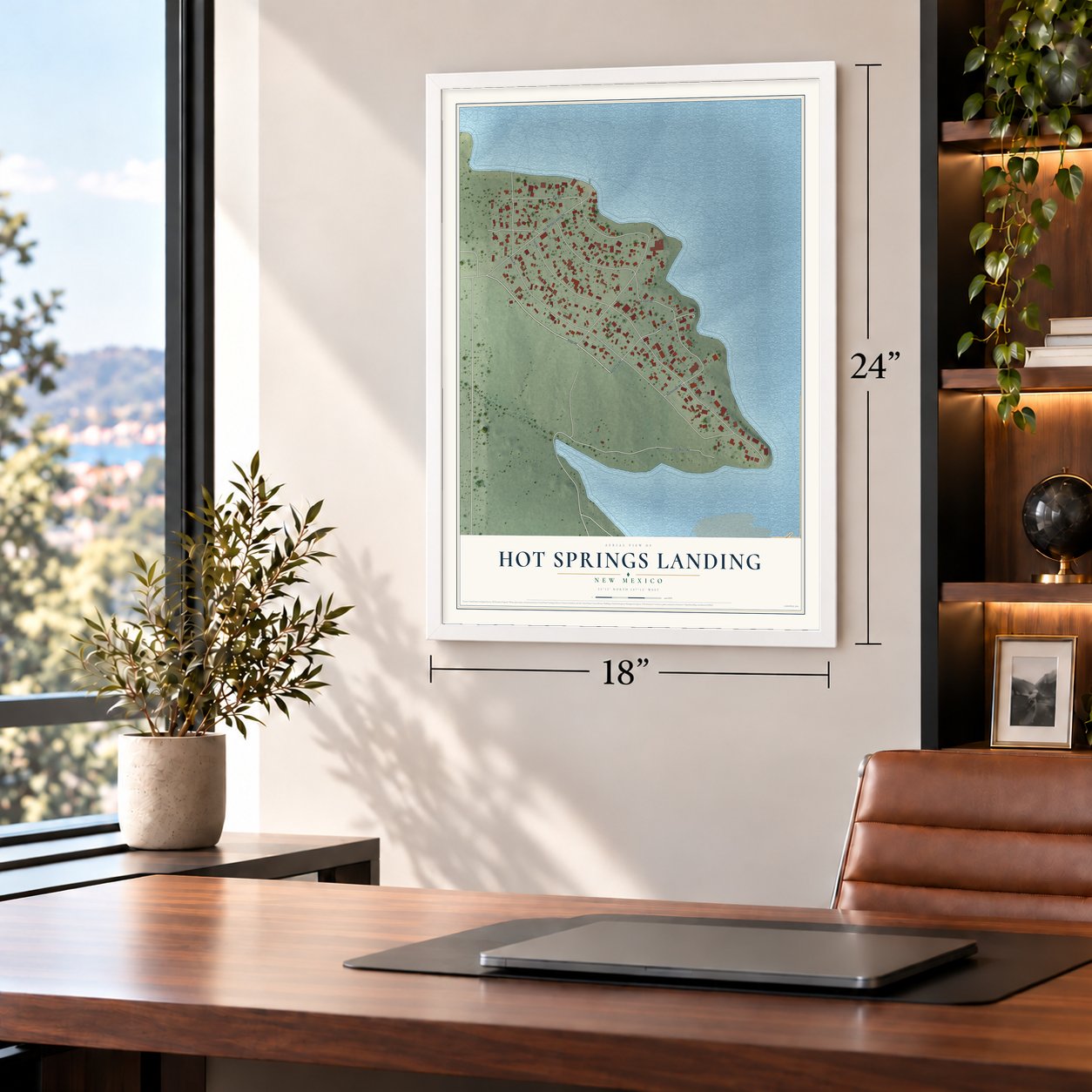 Hot Springs Landing, New Mexico map, 18 x 24 inch print in a white frame in a home office