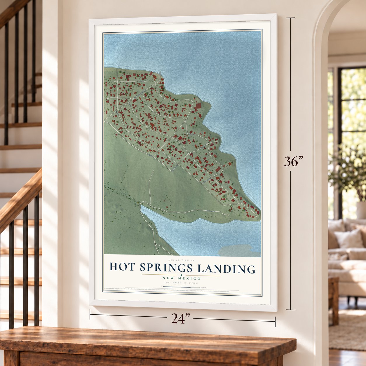 Hot Springs Landing, New Mexico map, 24 x 36 inch print in a white frame by a staircase