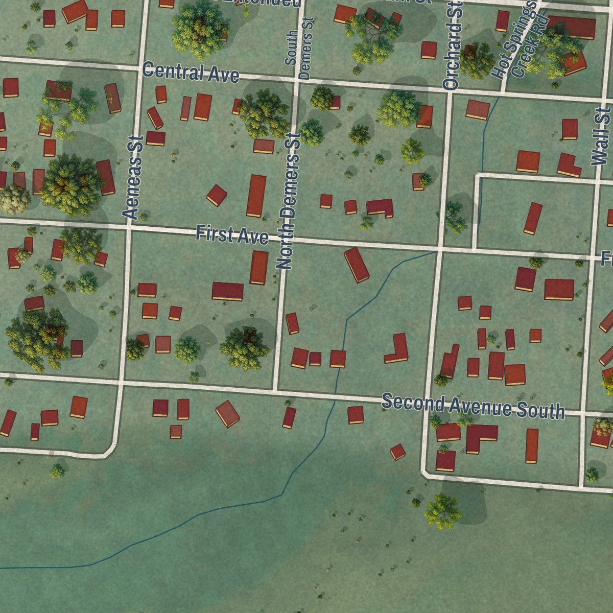 Second close-up of the map of Hot Springs, Montana print showing more streets and buildings