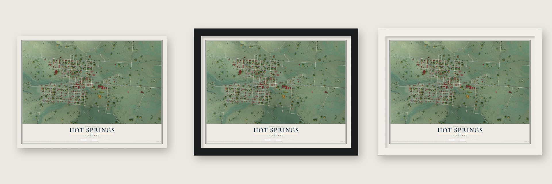 Hot Springs, Montana map unframed, in a black wood frame and in a white wood frame