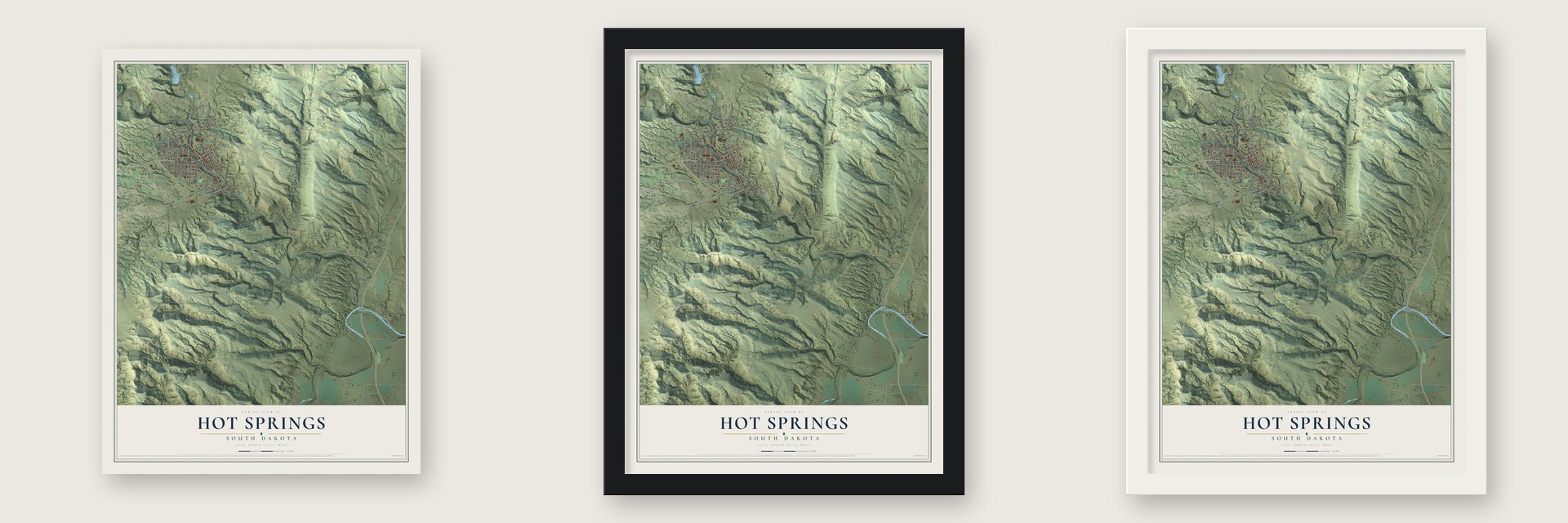 Hot Springs, South Dakota map unframed, in a black wood frame and in a white wood frame