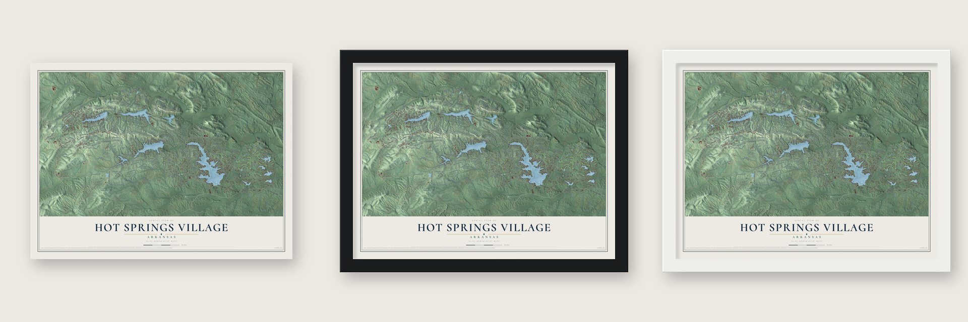 Hot Springs Village, Arkansas map unframed, in a black wood frame and in a white wood frame