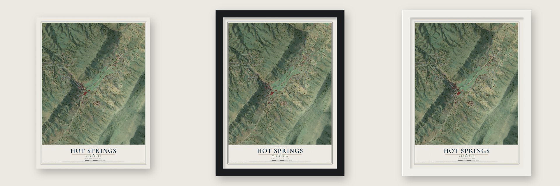 Hot Springs, Virginia map unframed, in a black wood frame and in a white wood frame
