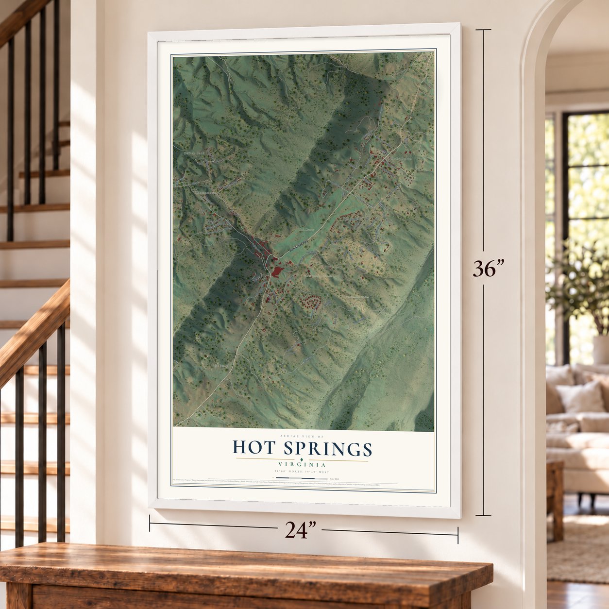 Hot Springs, Virginia map, 24 x 36 inch print in a white frame by a staircase