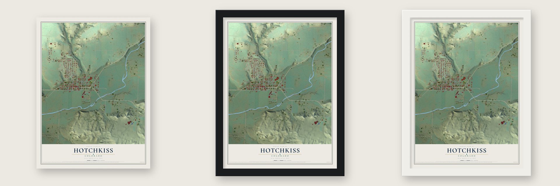 Hotchkiss, Colorado map unframed, in a black wood frame and in a white wood frame