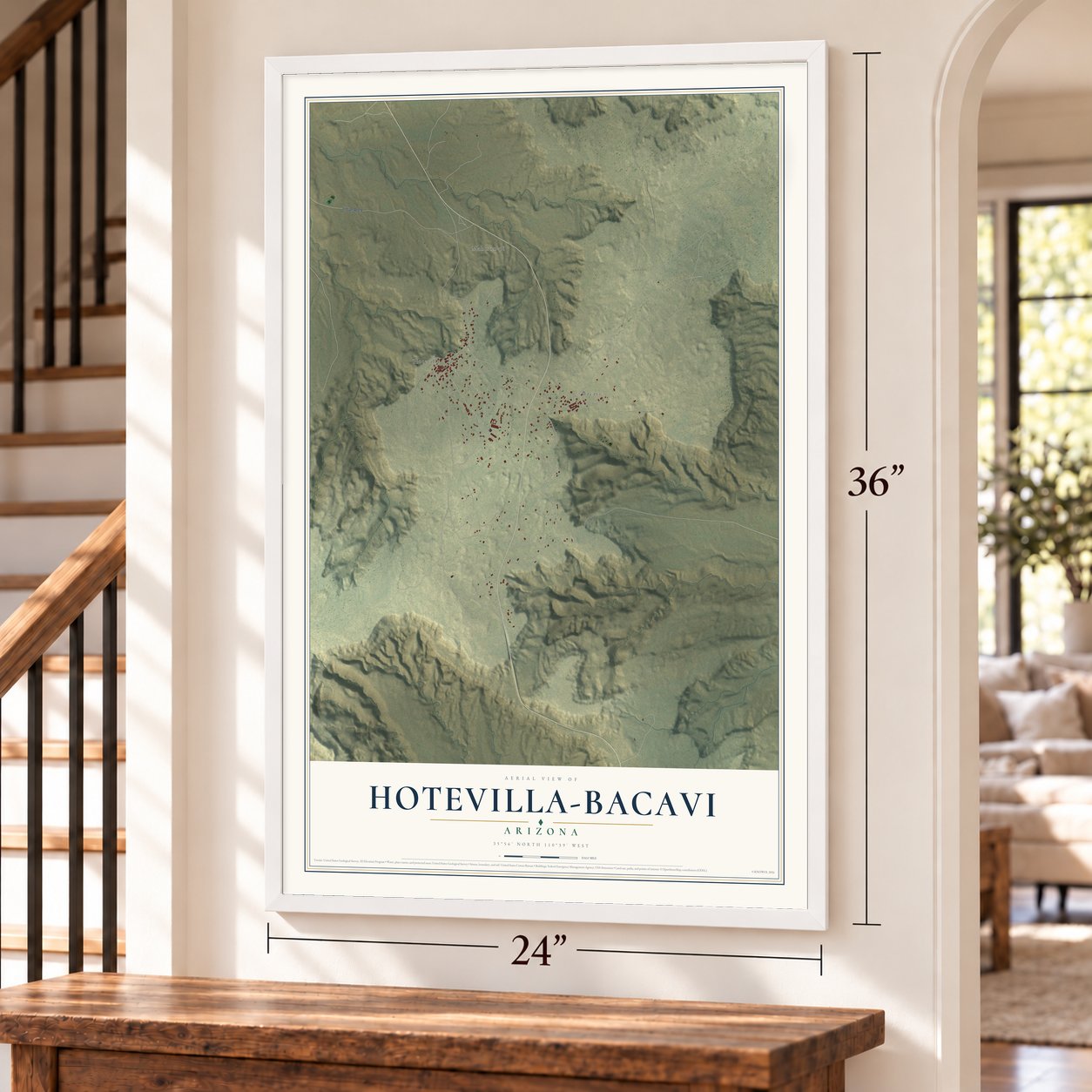 Hotevilla-Bacavi, Arizona map, 24 x 36 inch print in a white frame by a staircase