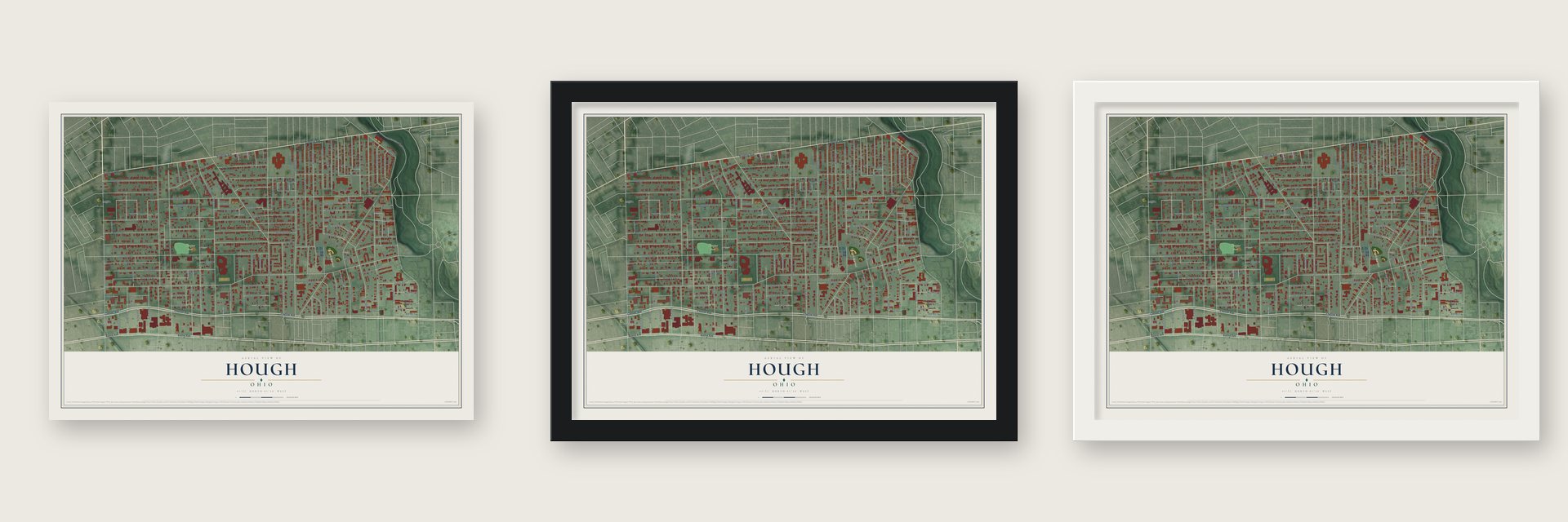 Hough, Ohio map unframed, in a black wood frame and in a white wood frame