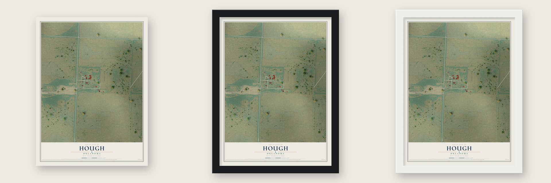 Hough, Oklahoma map unframed, in a black wood frame and in a white wood frame