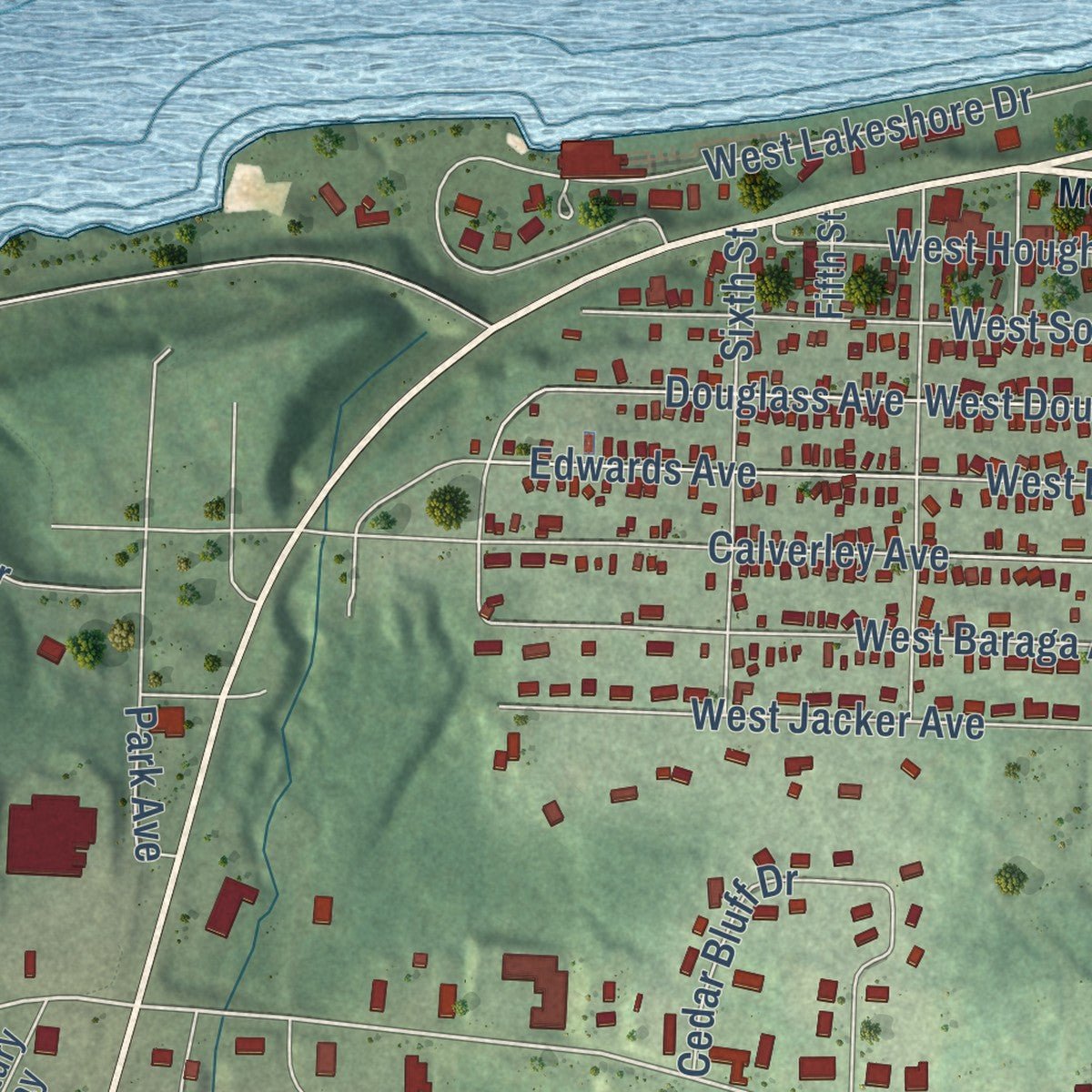 Second close-up of the map of Houghton, Houghton County, Michigan print showing more streets and buildings