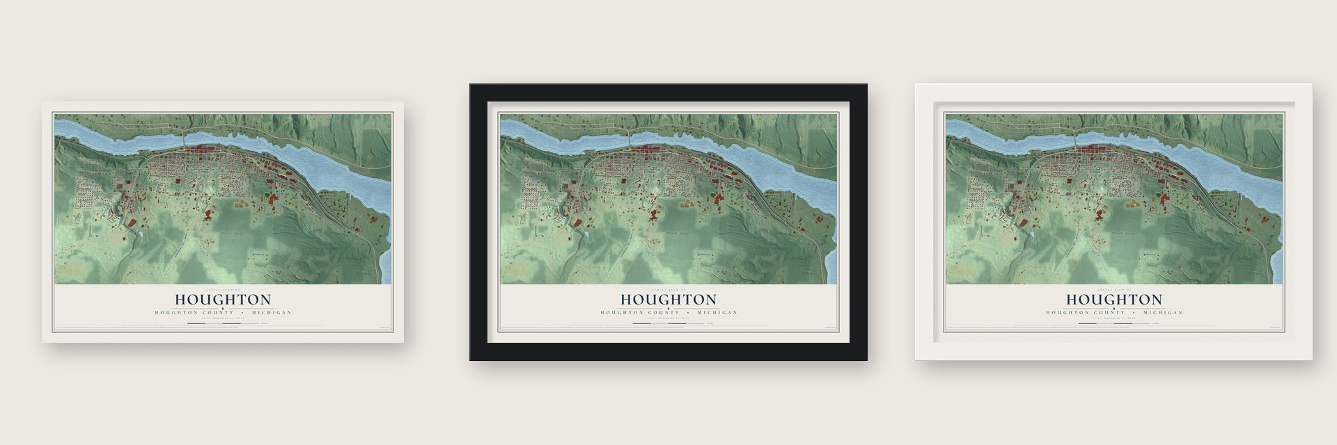 Houghton, Houghton County, Michigan map unframed, in a black wood frame and in a white wood frame