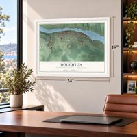 Houghton, Houghton County, Michigan map, 18 x 24 inch print in a white frame in a home office