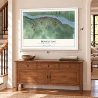 Houghton, Houghton County, Michigan map, 24 x 36 inch print in a white frame above a dresser by a staircase