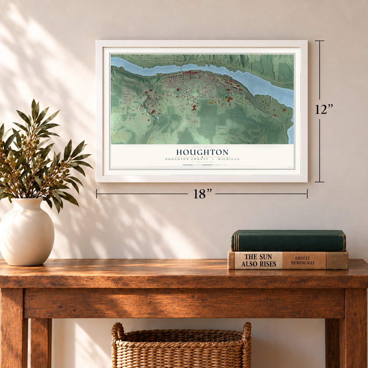Houghton, Houghton County, Michigan map, 12 x 18 inch print in a white frame in an entryway