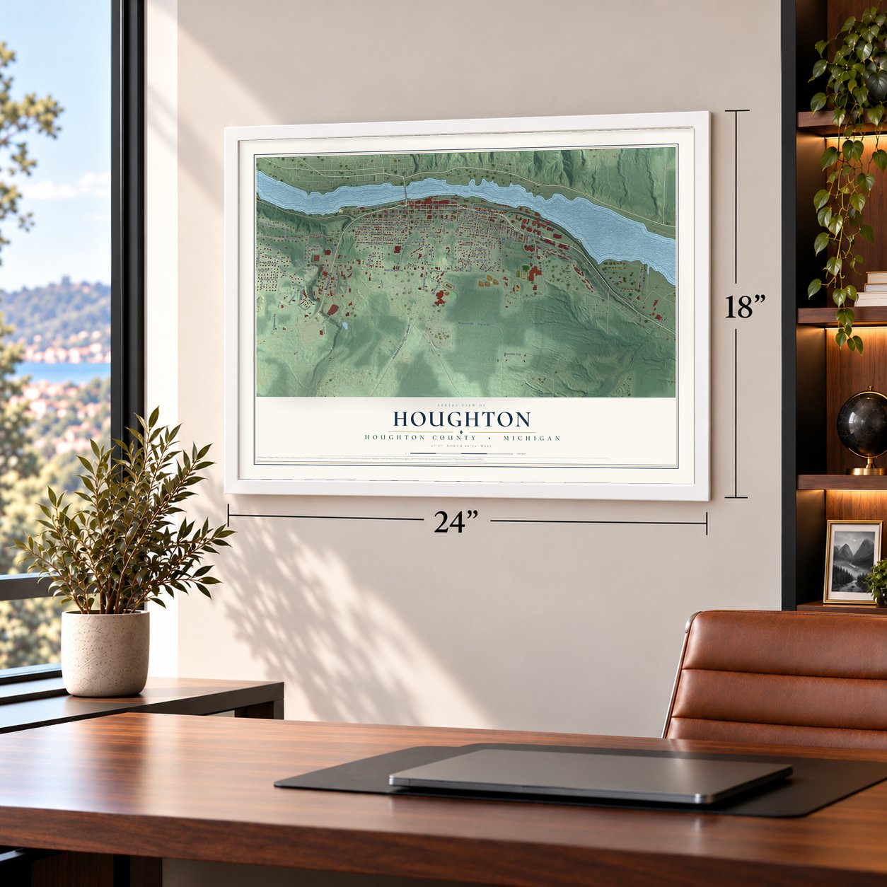 Houghton, Houghton County, Michigan map, 18 x 24 inch print in a white frame in a home office