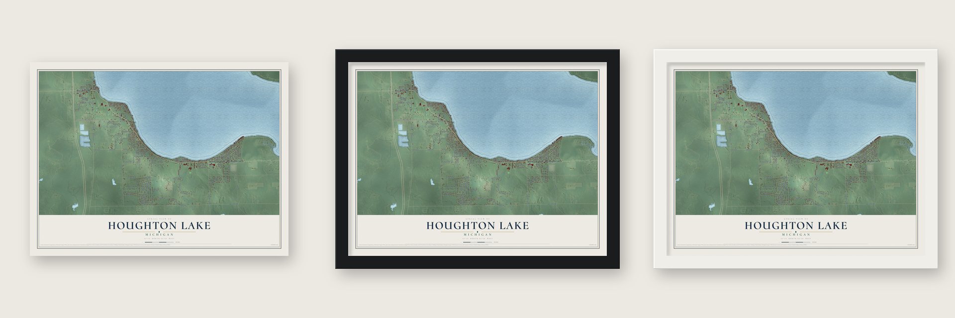 Houghton Lake, Michigan map unframed, in a black wood frame and in a white wood frame
