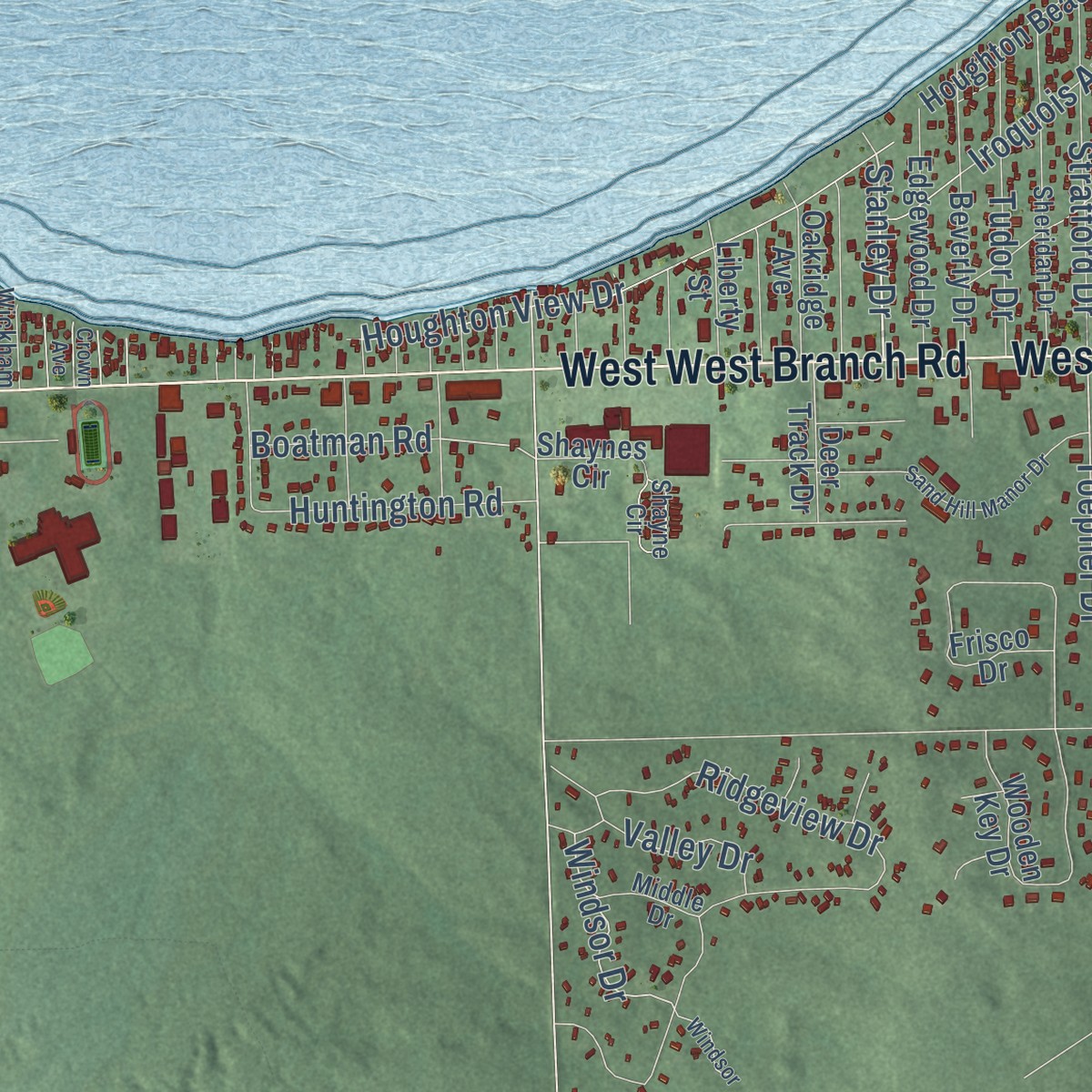 Second close-up of the map of Houghton Lake, Michigan print showing more streets and buildings