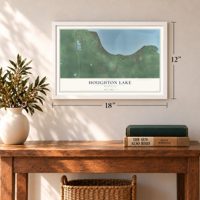 Houghton Lake, Michigan map, 12 x 18 inch print in a white frame in an entryway