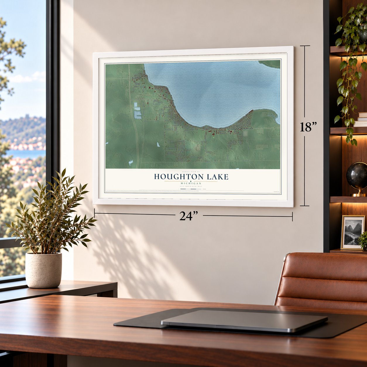 Houghton Lake, Michigan map, 18 x 24 inch print in a white frame in a home office