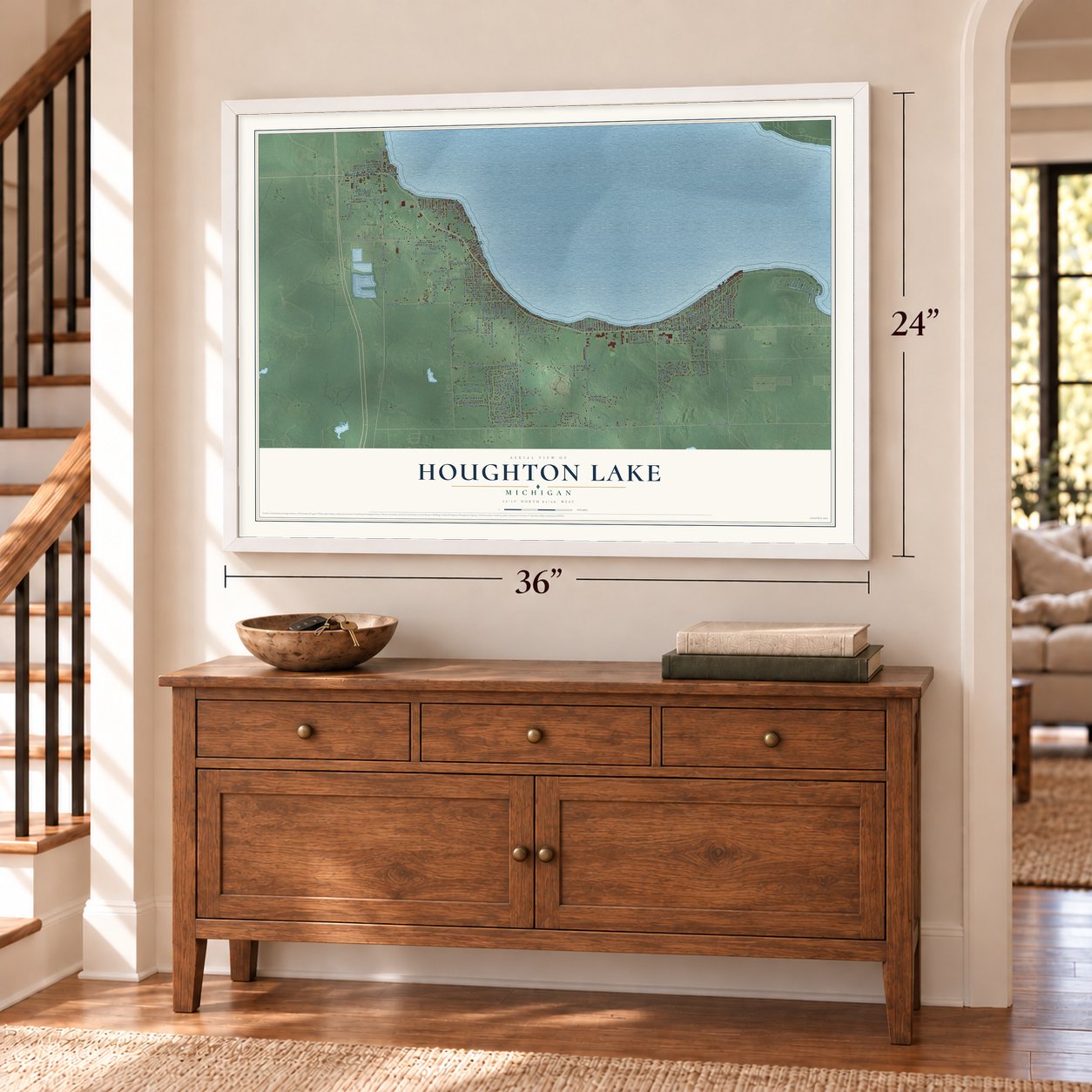 Houghton Lake, Michigan map, 24 x 36 inch print in a white frame above a dresser by a staircase