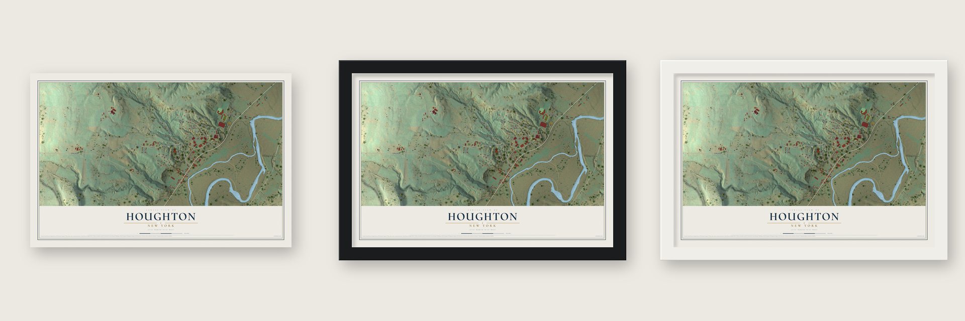 Houghton, New York map unframed, in a black wood frame and in a white wood frame