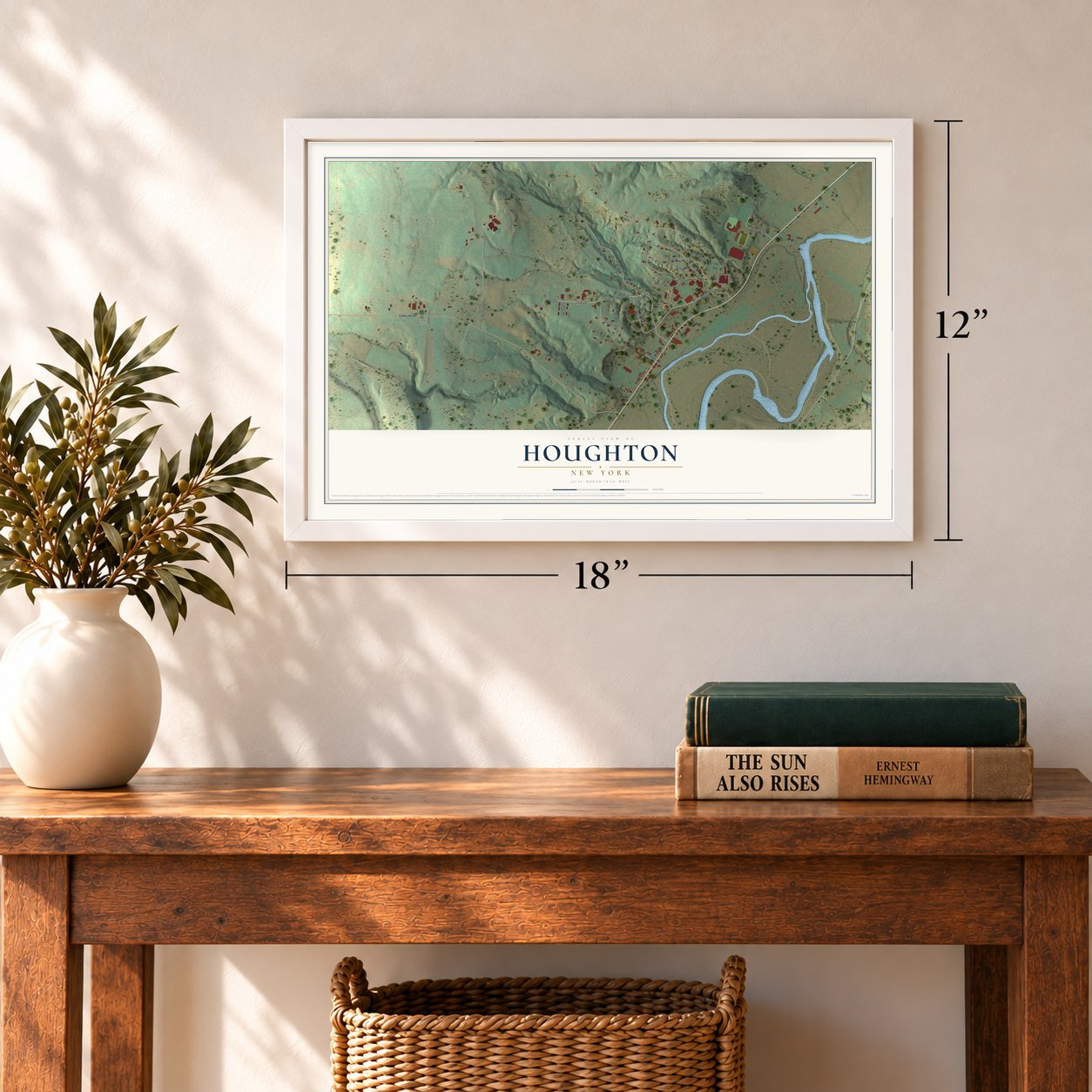 Houghton, New York map, 12 x 18 inch print in a white frame in an entryway