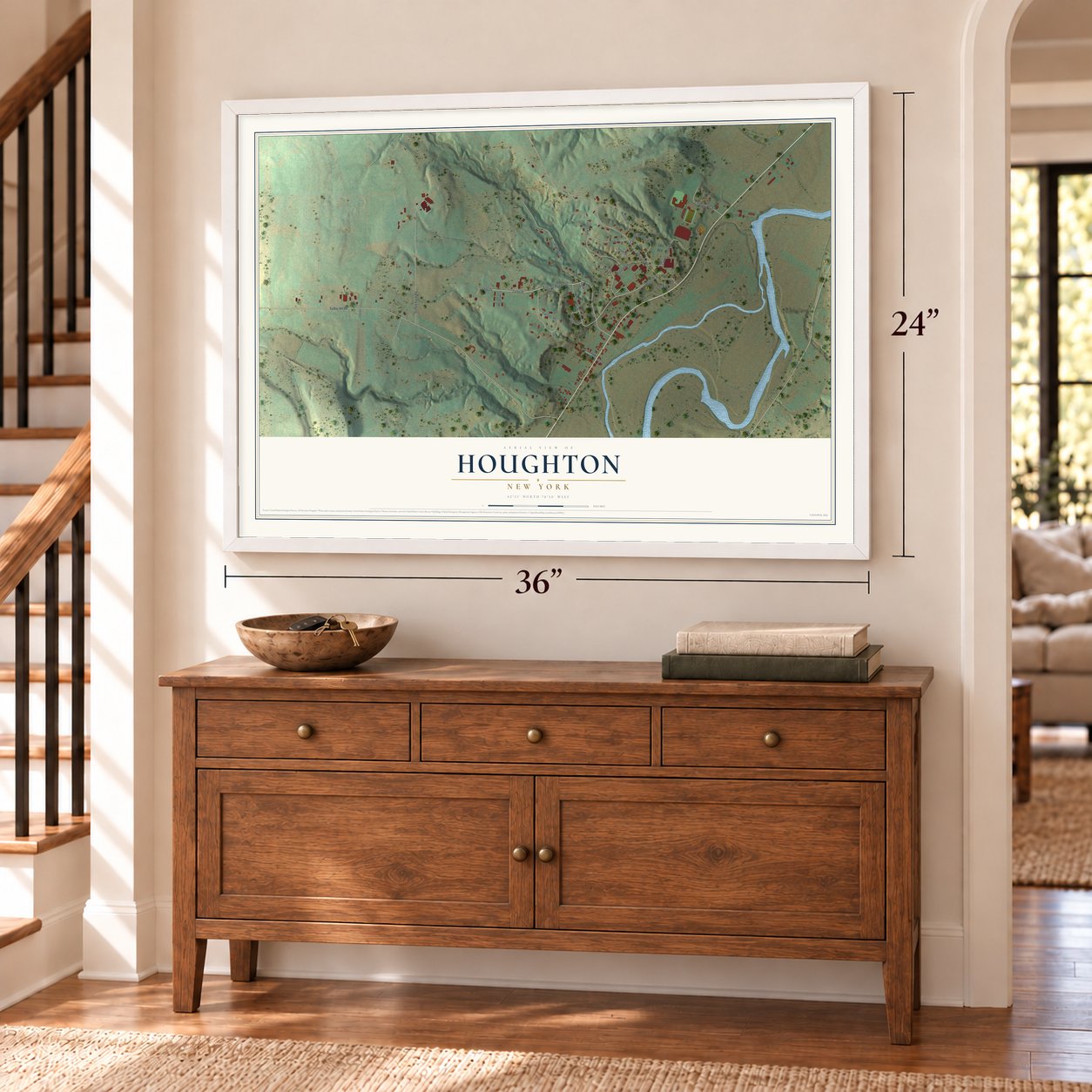 Houghton, New York map, 24 x 36 inch print in a white frame above a dresser by a staircase