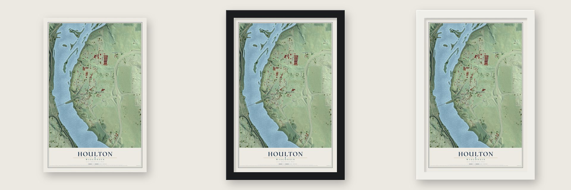 Houlton, Wisconsin map unframed, in a black wood frame and in a white wood frame