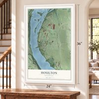 Houlton, Wisconsin map, 24 x 36 inch print in a white frame by a staircase