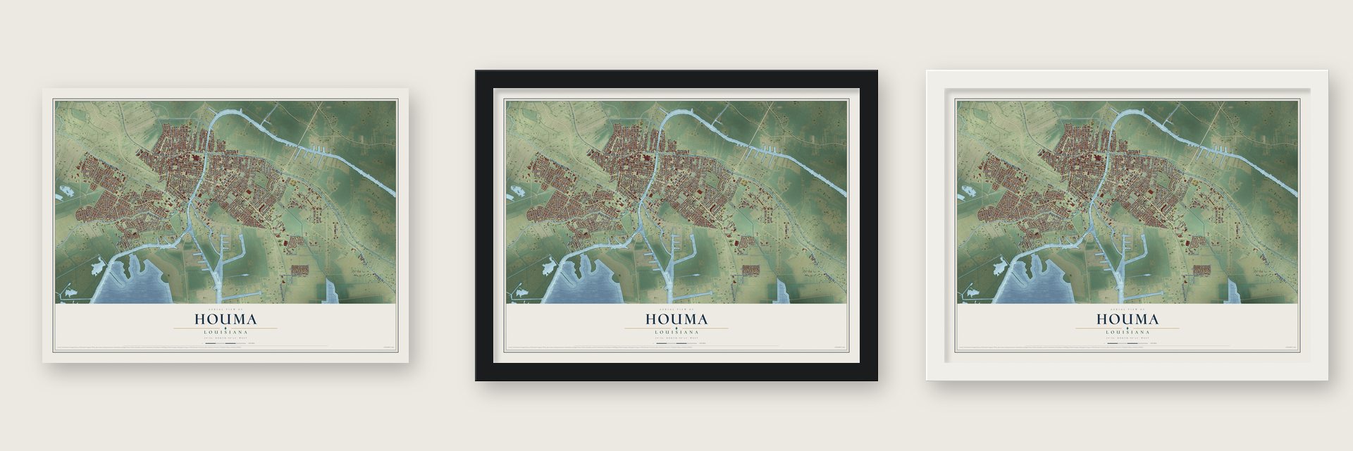 Houma, Louisiana map unframed, in a black wood frame and in a white wood frame