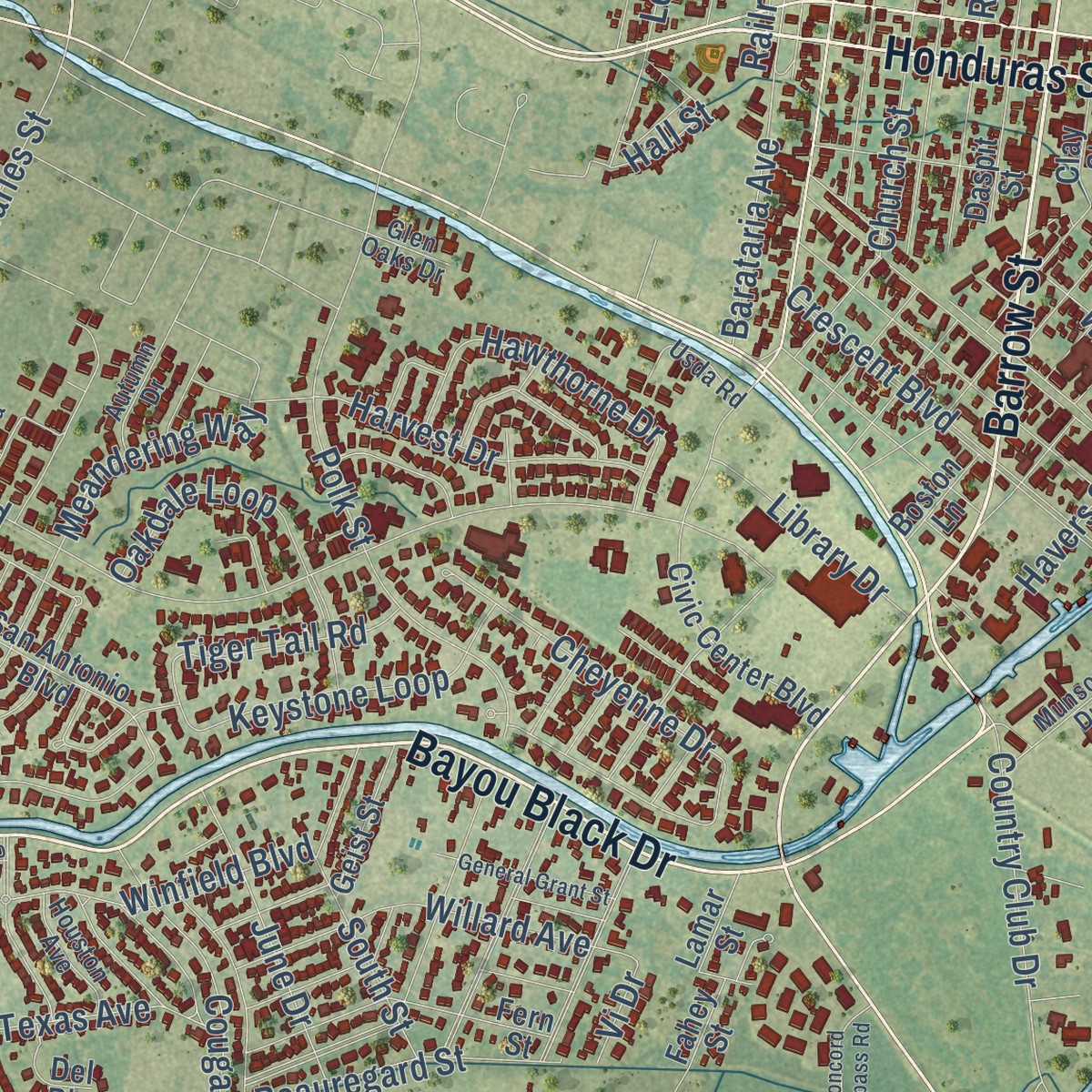 Second close-up of the map of Houma, Louisiana print showing more streets and buildings